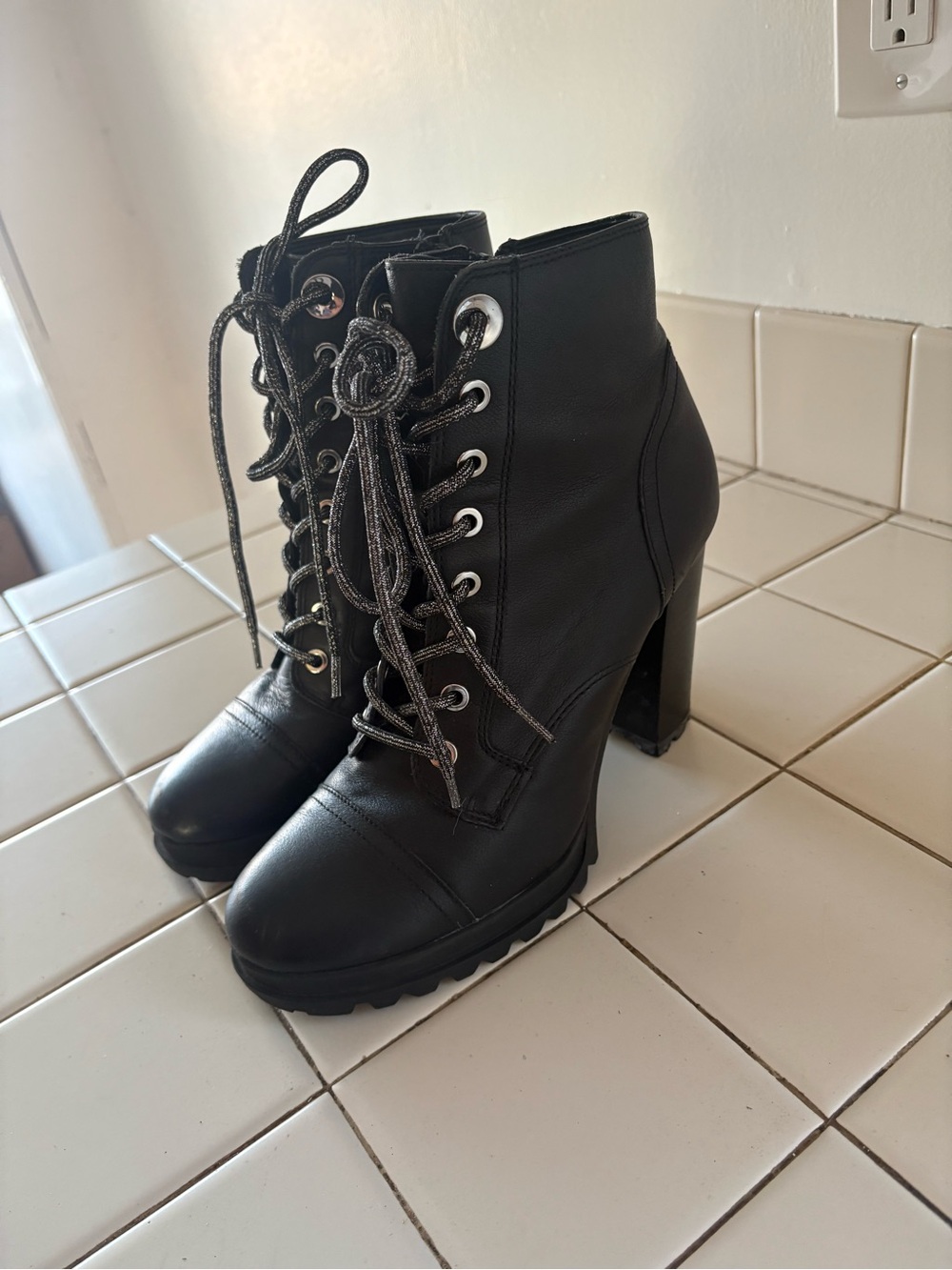 Aldo Black Lace-Up Chunky Heel Ankle Boots